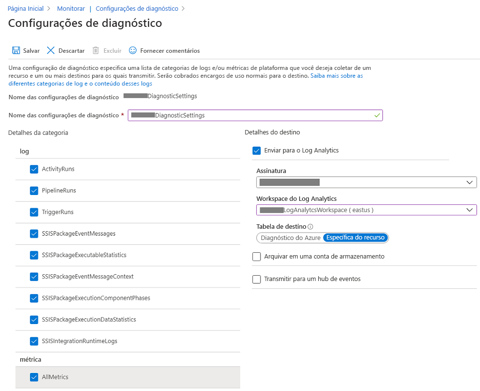 Name your settings and select a log-analytics workspace