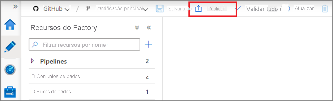 Publicar alterações no serviço Data Factory