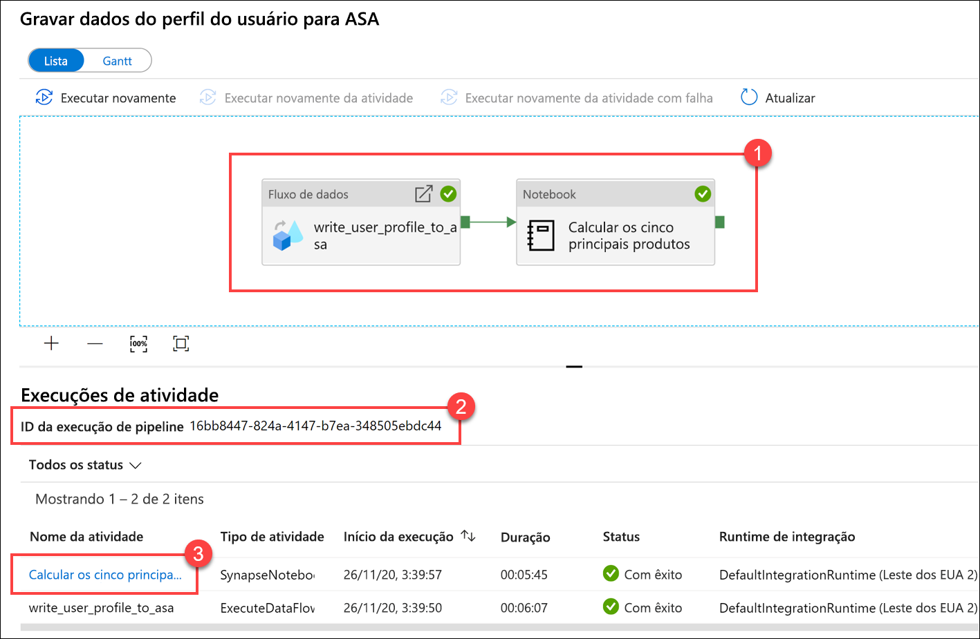 Os detalhes de execução do pipeline são exibidos.