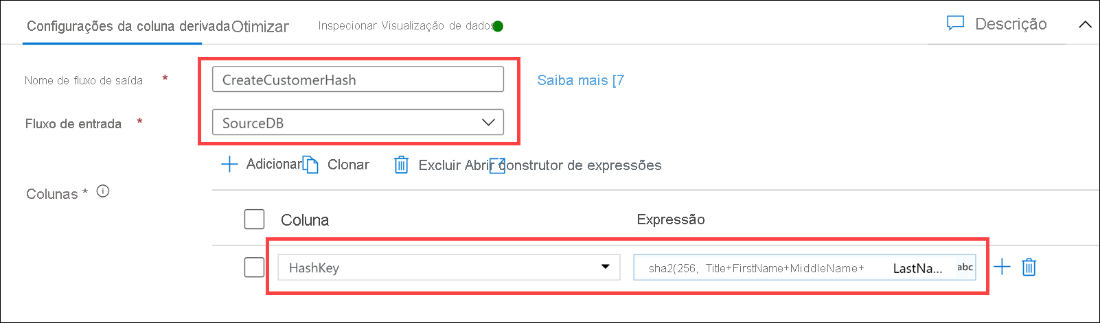 O formulário de configurações da coluna Derivada é configurado conforme descrito.