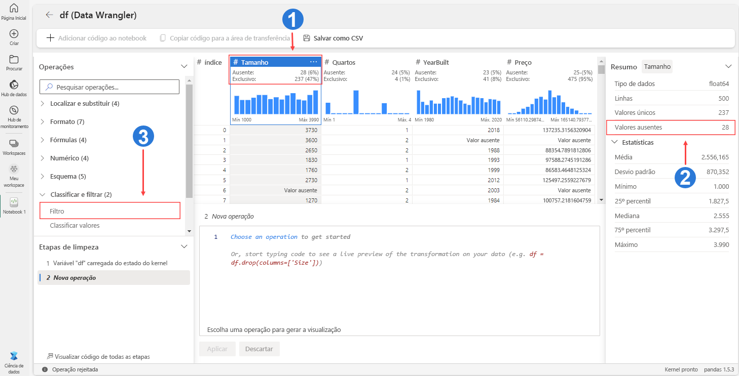 Captura de tela de como verificar informações de dados ausentes no Data Wrangler.