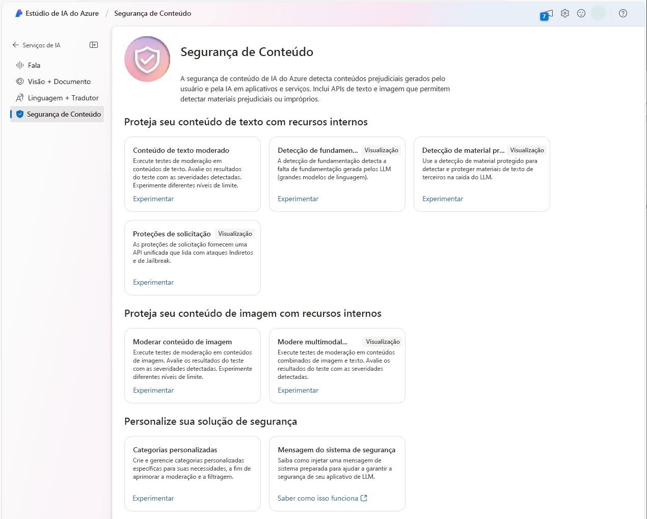 Captura de ecrã do Content Safety Studio no Azure AI Foundry.