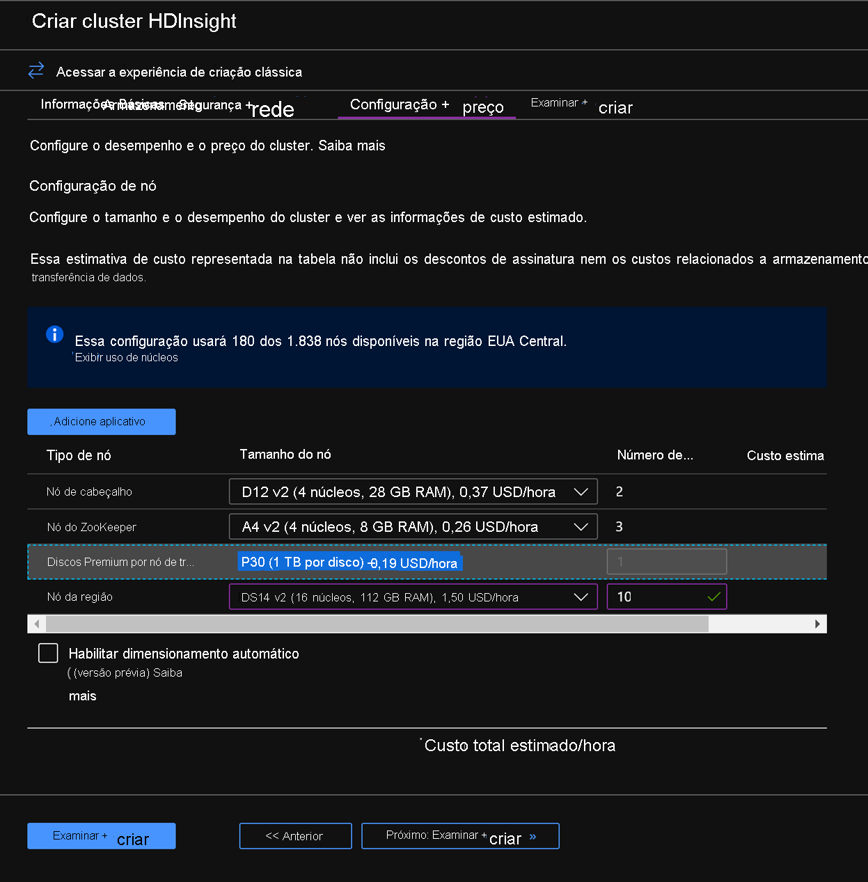 Configuração de nós na tela Criar cluster HDInsight.