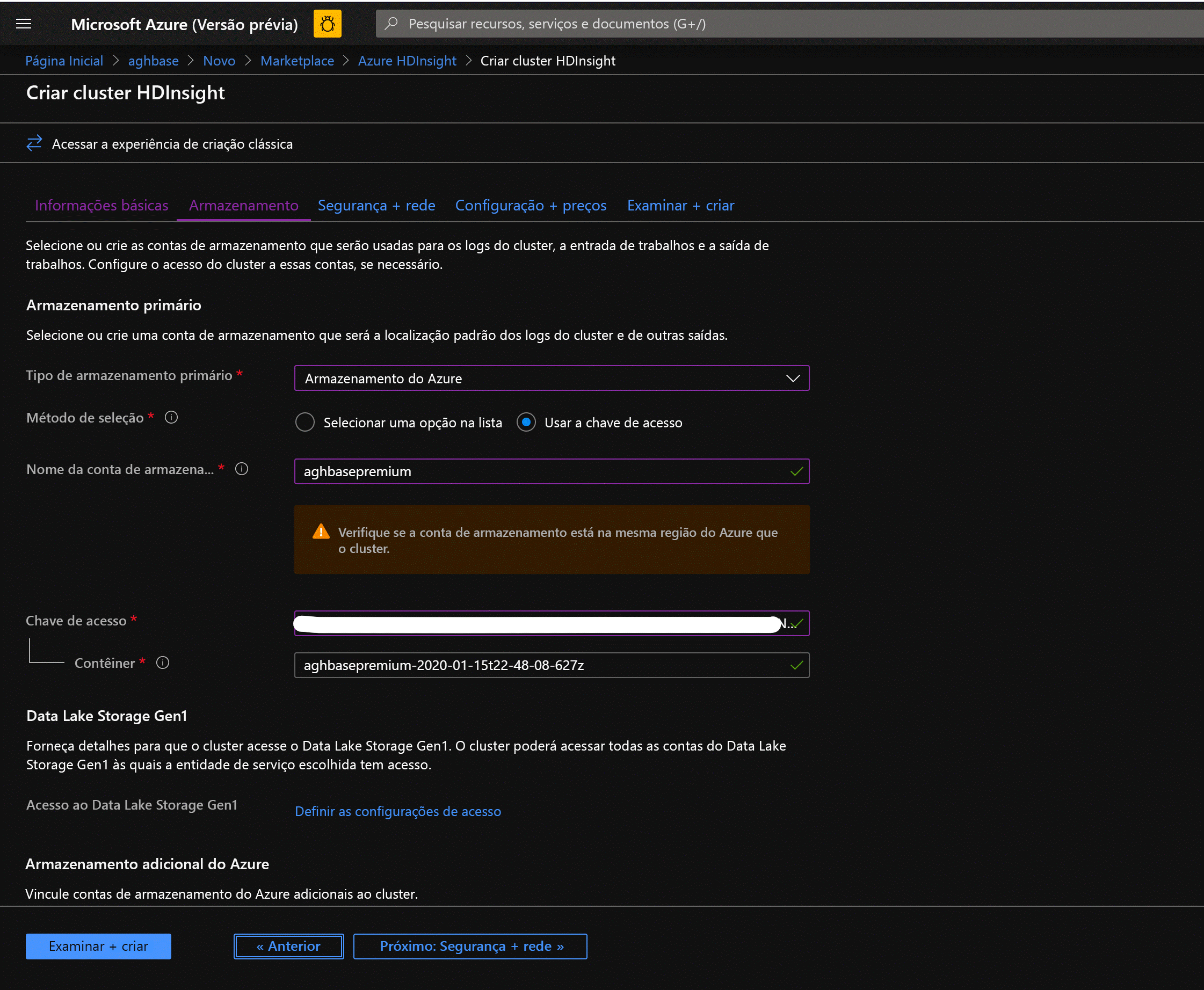 Definição de uma conta de armazenamento na tela Criar cluster HDInsight.