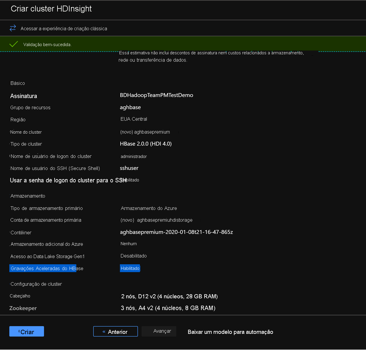 Criar tela de validação de cluster HDInsight.