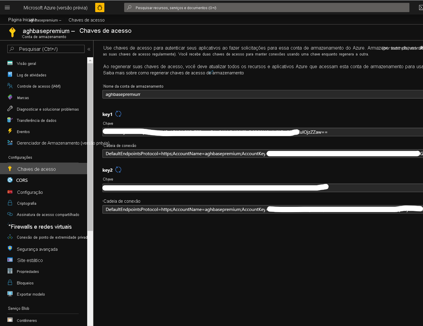 Tela de chaves de acesso da conta de armazenamento no Portal do Azure.