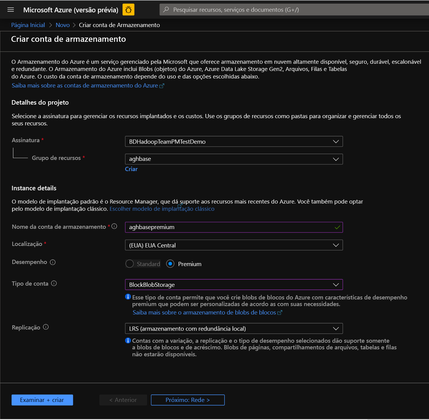 Tela da conta de armazenamento no Portal do Azure.