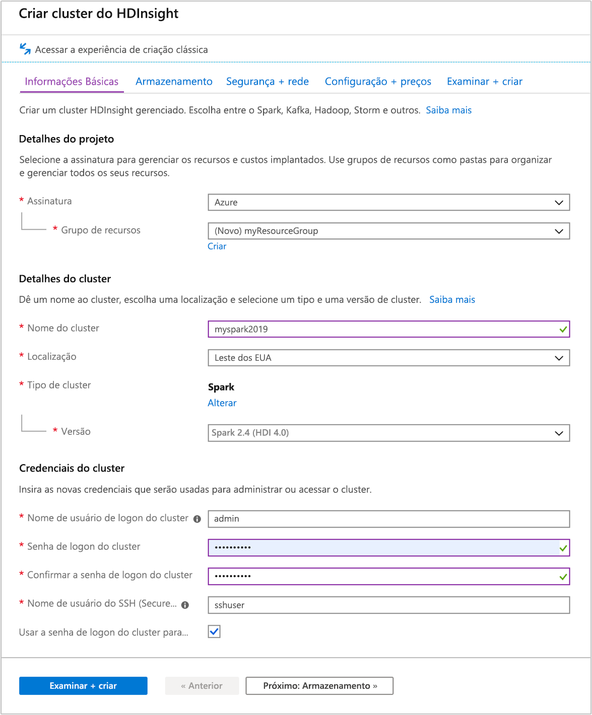 Uma captura de tela da guia básica na tela Criar Cluster AzureHDInsight no portal do Azure