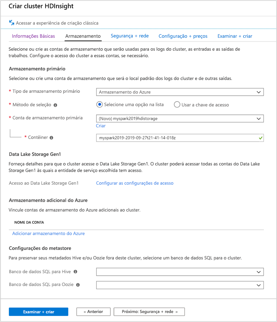 Uma captura de tela da guia de armazenamento na tela Criar Cluster do Azure HDInsight no portal do Azure