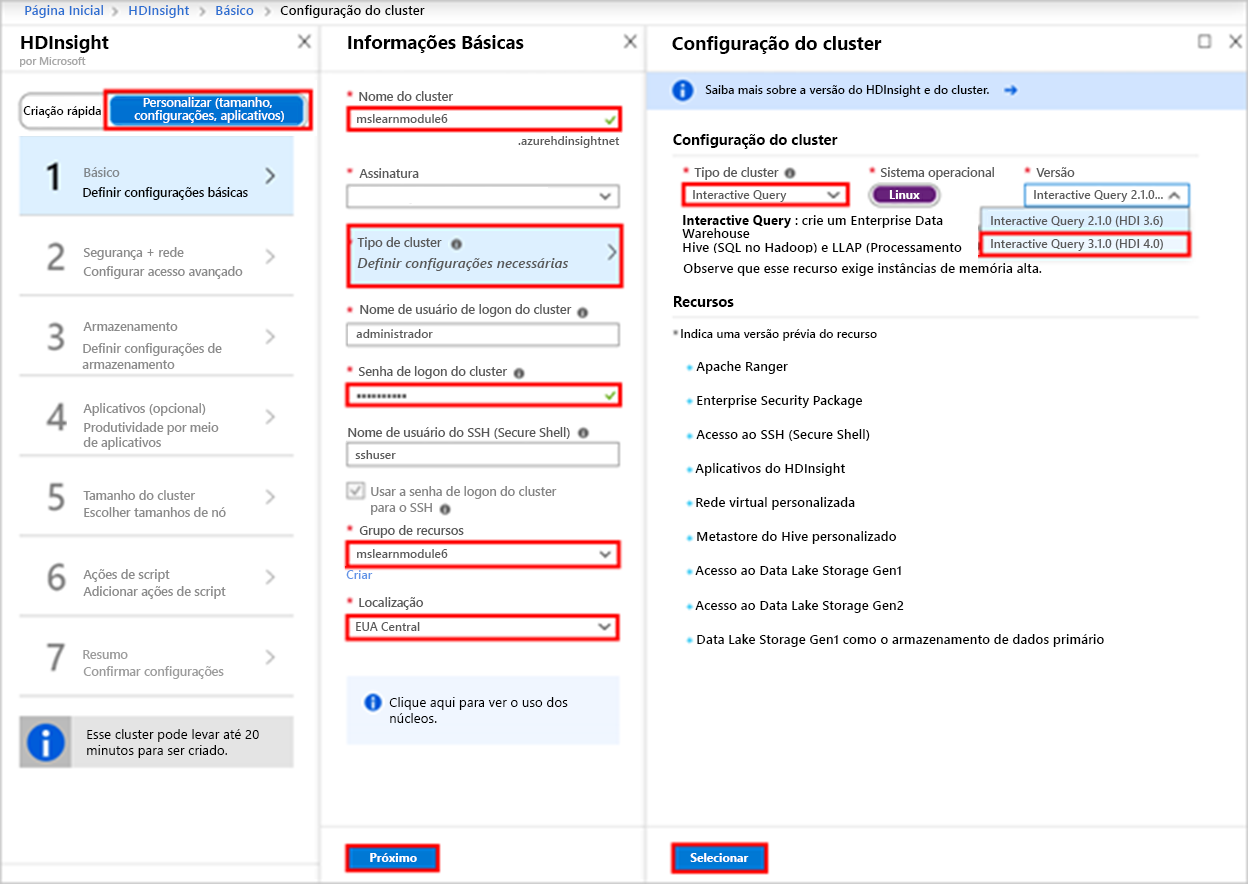 A captura de tela mostra as páginas de configuração H D Insight, Basics e Cluster com vários campos realçados.