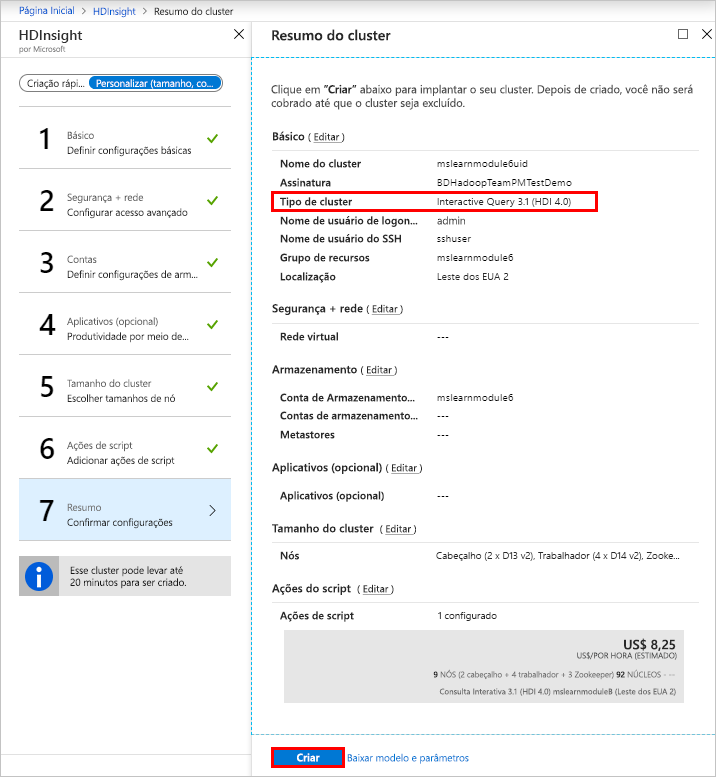 A página de resumo do HDInsight no portal do Azure.