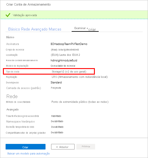 Tela de revisão do HDInsight no portal do Azure.