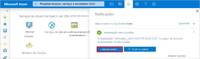 A tela de implantação bem-sucedida do HDInsight no portal do Azure.