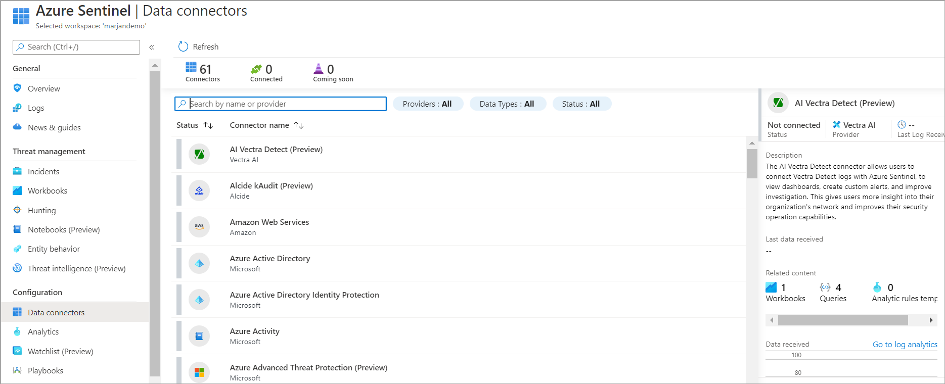 Captura de ecrã do conector Microsoft Sentinel.