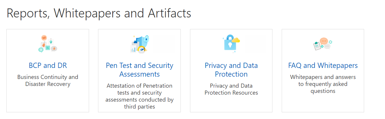 Screenshot that shows the tiles available in the reports, whitepapers, and artifacts section of the Service Trust Portal home page.