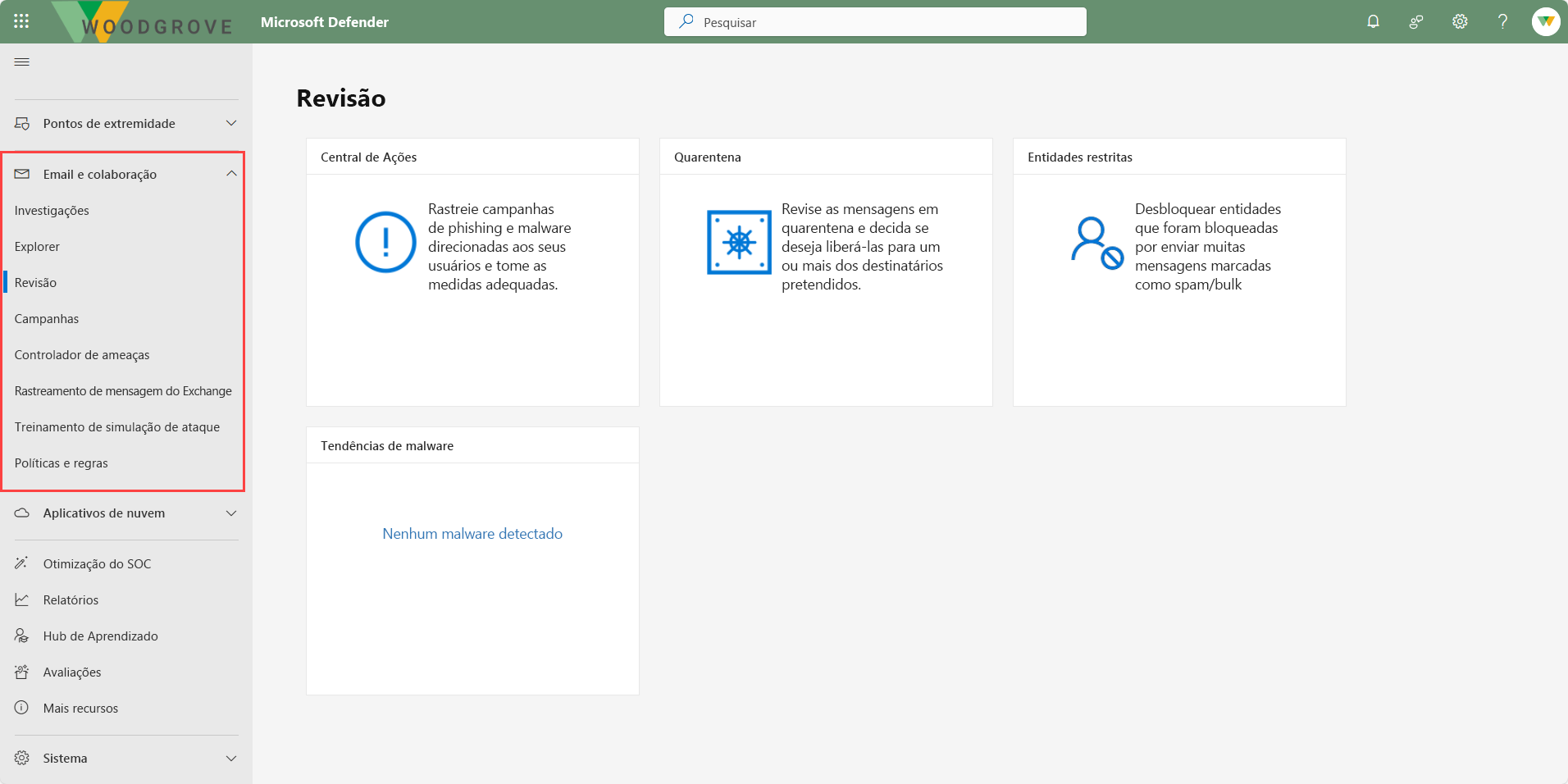 Uma captura de tela da página Revisão no portal do Microsoft Defender.