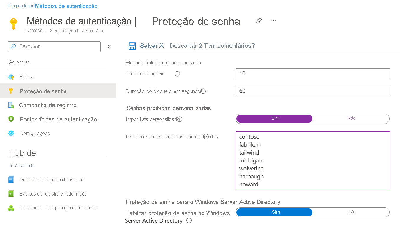 Uma captura de tela mostrando uma tela de configuração para configurar uma lista de senhas proibidas personalizadas.