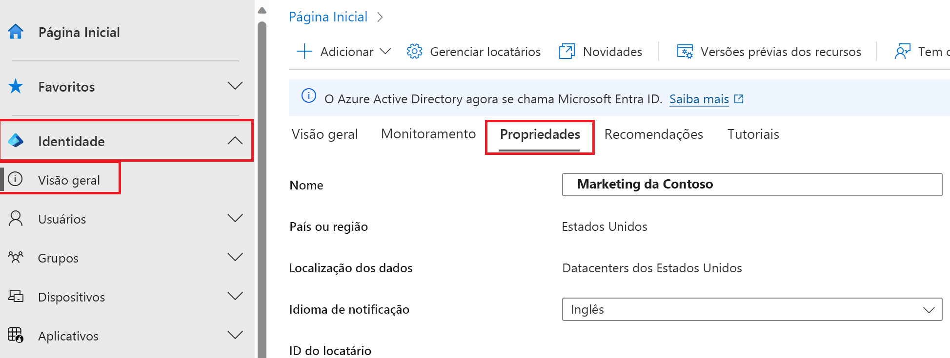 Captura de ecrã das Propriedades do ID do Microsoft Entra com as definições de País ou região realçadas.