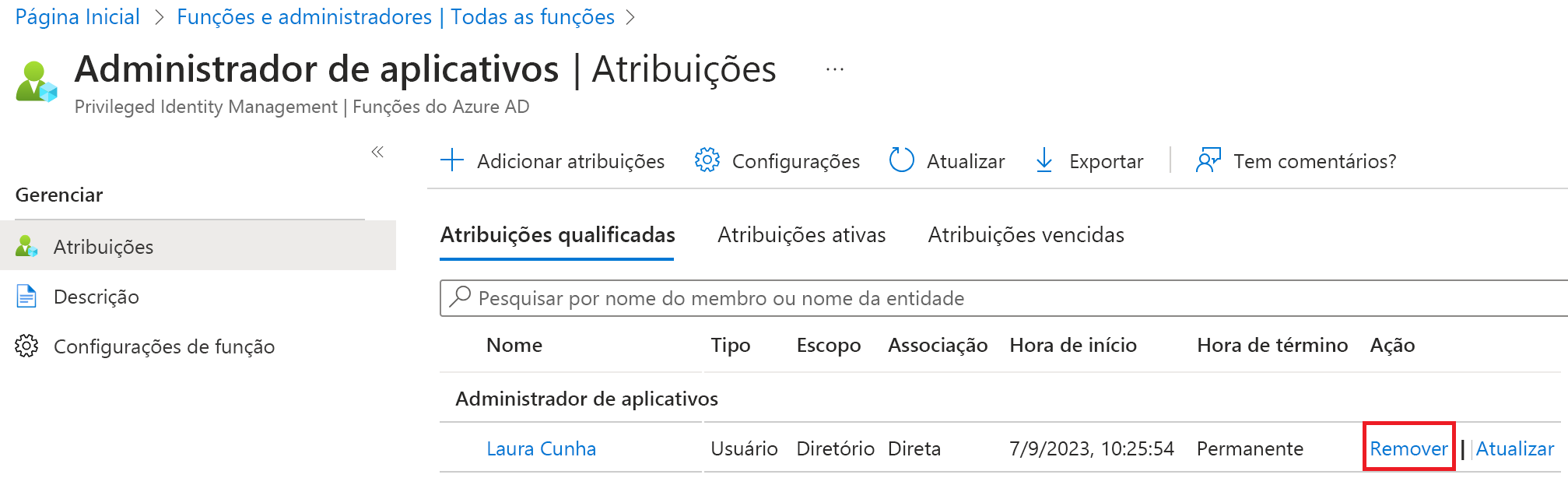 Captura de ecrã da caixa de diálogo Remover atribuições com Sim realçado.