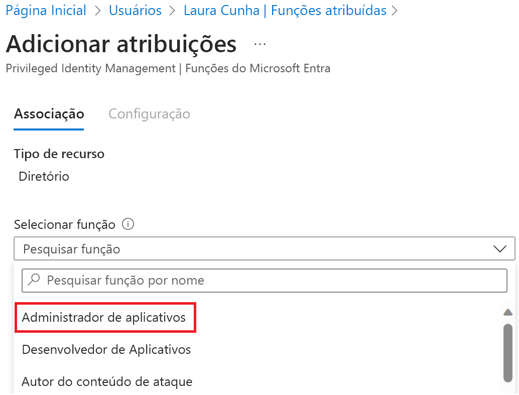 Captura de tela da página Funções atribuídas - mostrando a função selecionada de administrador do aplicativo.