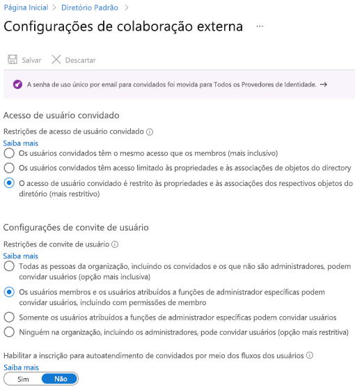 Captura de ecrã da caixa de diálogo Gerir definições de utilizador externo do Microsoft Entra ID.