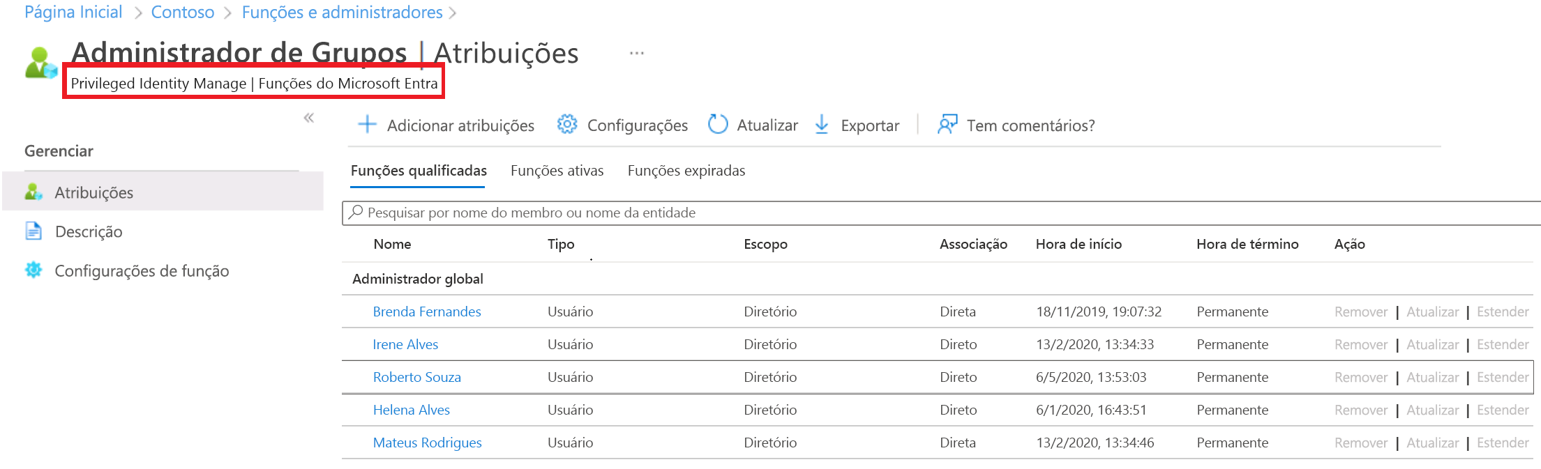 Captura de ecrã do Privileged Identity Manager para utilizadores atribuídos a Administrador Global e com uma licença Premium P2.