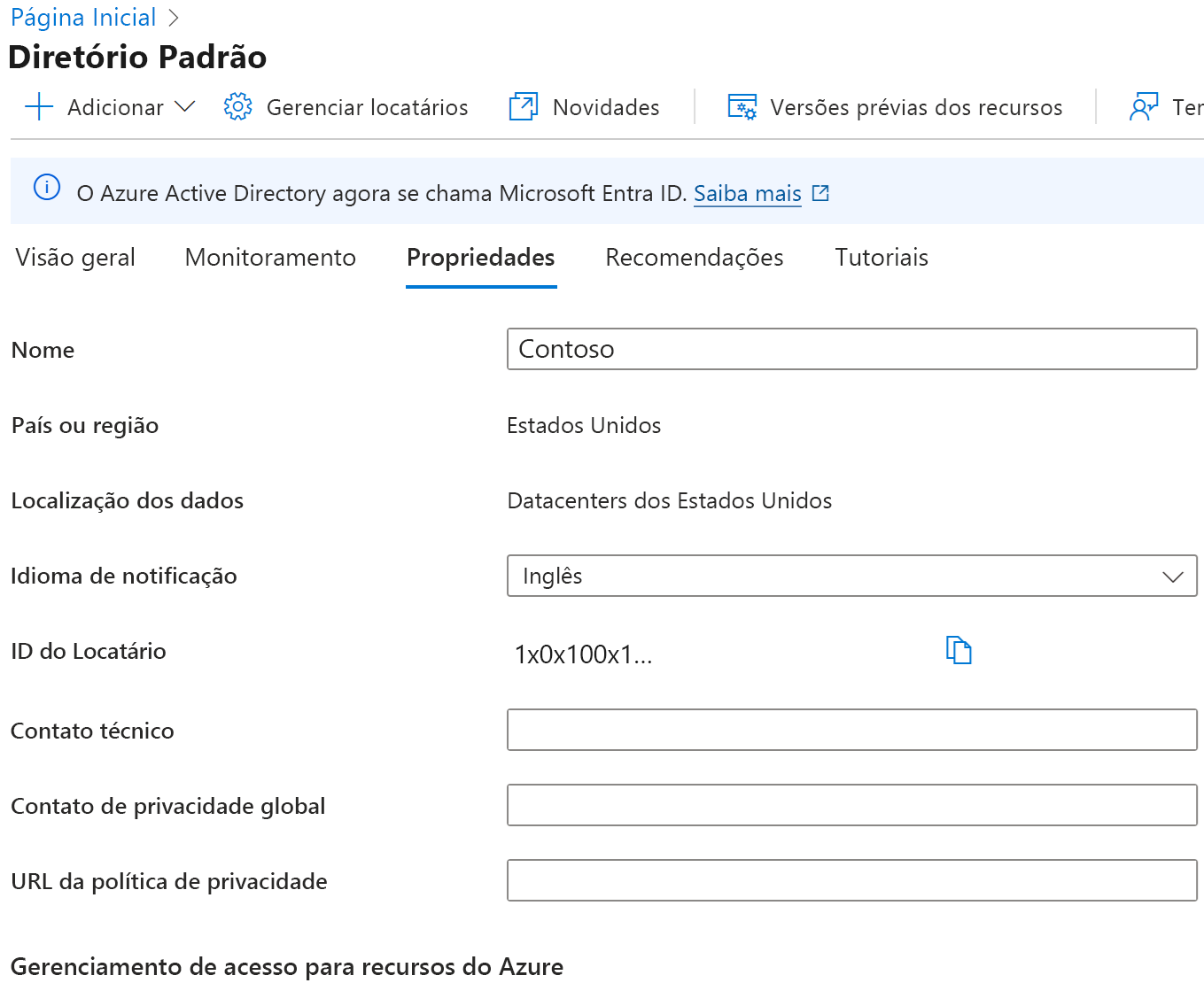 Captura de ecrã das propriedades do inquilino com as caixas Contacto técnico, Contacto global e Declaração de privacidade realçadas.