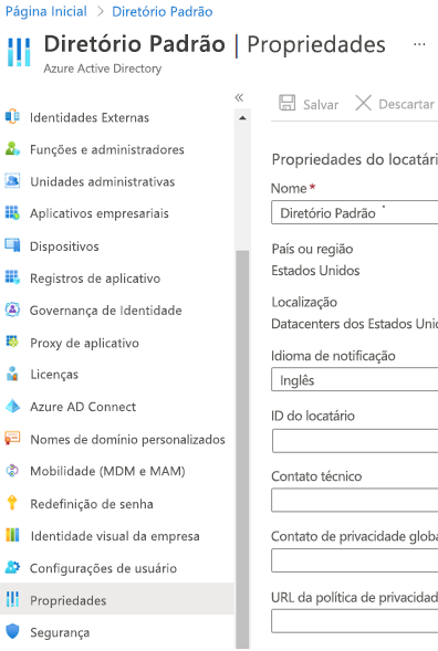 Captura de ecrã da caixa de diálogo de propriedades do Microsoft Entra ID. Configure a definição do seu inquilino.