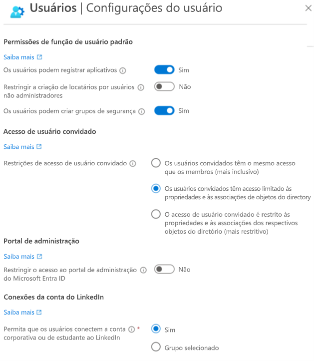 Captura de tela da tela Configurações do usuário no Microsoft Entra ID. Use-o para configurar o que os usuários podem fazer.