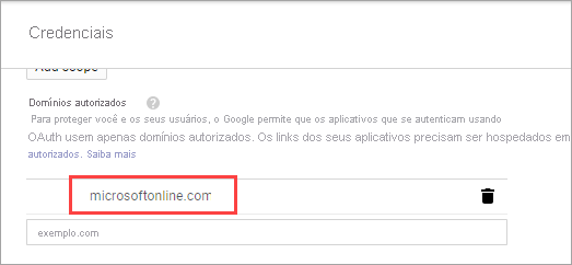 A captura de tela da seção Domínios autorizados, exibida com o Google, os domínios são válidos.