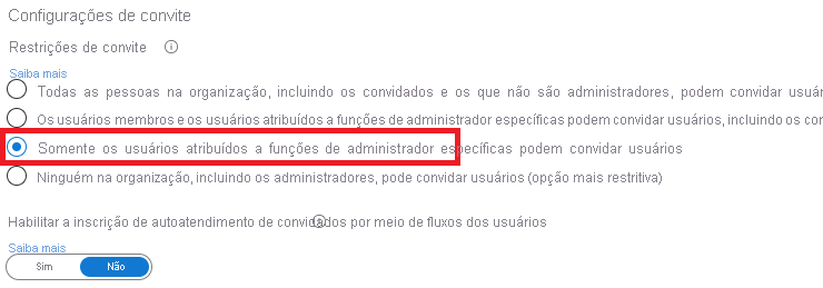 Captura de ecrã das definições de convite de convidados com os convites Os hóspedes podem ser definidos como Não e realçados.