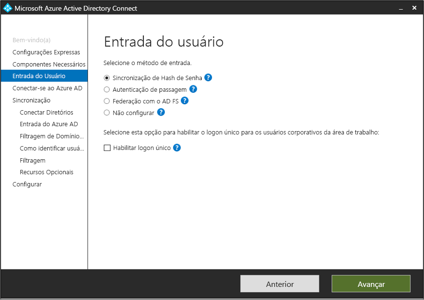 Screenshot of Microsoft Entra Connect with the Password Hash Synchronization option selected.