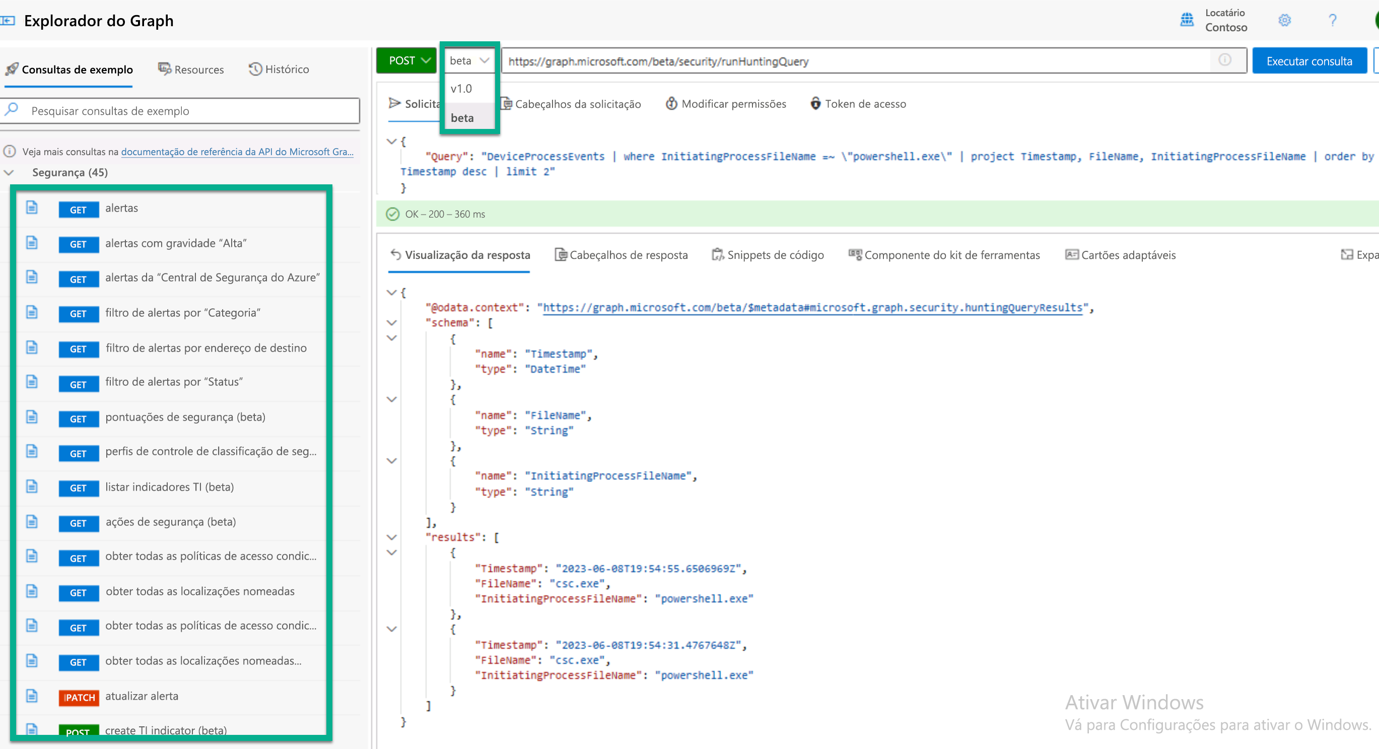 Captura de ecrã do Microsoft Graph Explorer a executar a consulta de caça KQL.