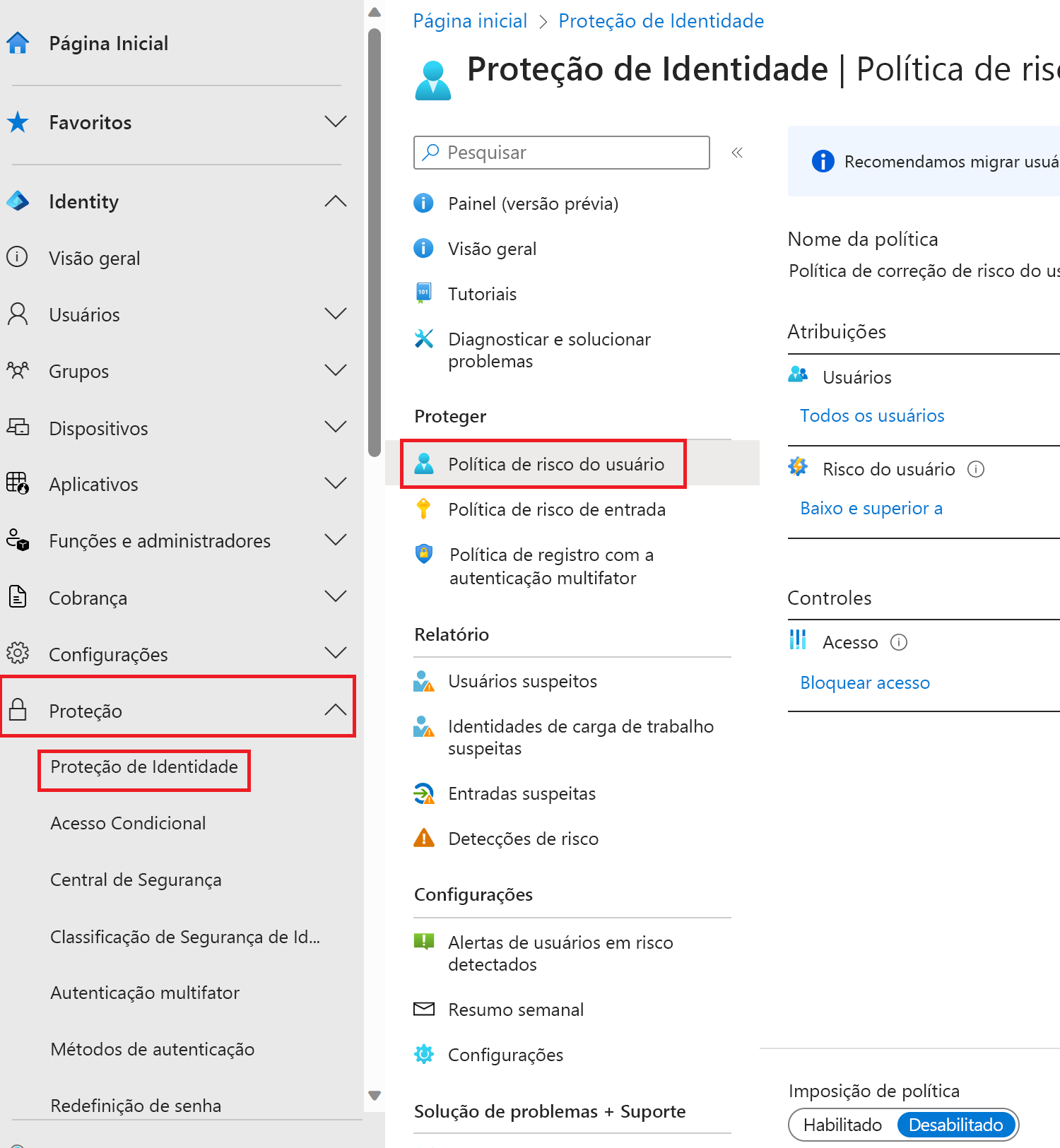 Captura de ecrã da página Política de risco do utilizador e caminho de navegação realçado.