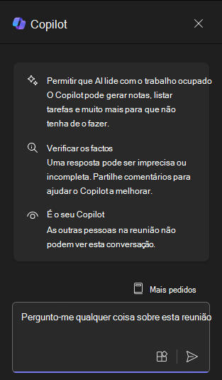 Captura de tela do painel do chat do Copilot no Teams na primeira abertura.