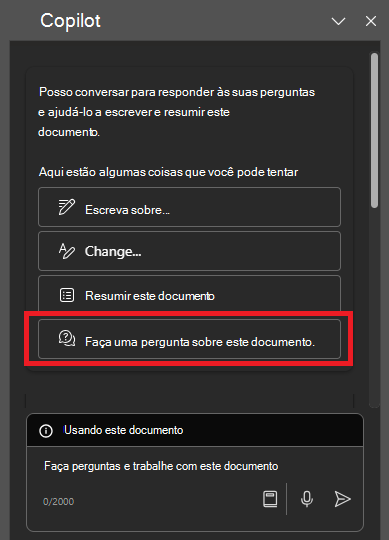 Captura de tela do painel do Copilot no Word na primeira abertura.