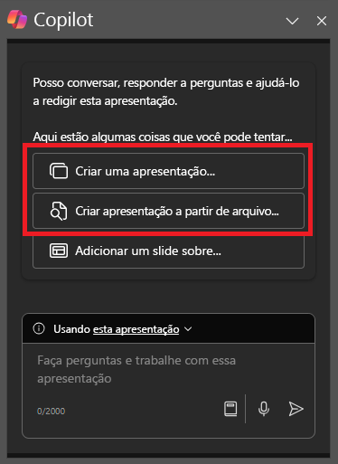 Captura de tela do painel Copilot no PowerPoint na primeira abertura.