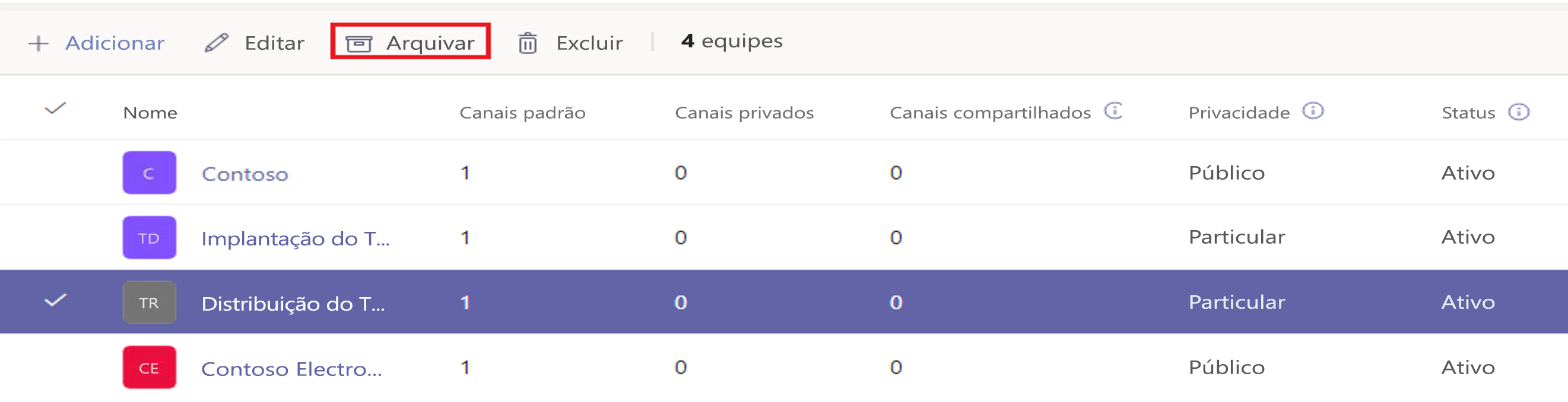  Captura de ecrã a mostrar o arquivo de uma equipa.