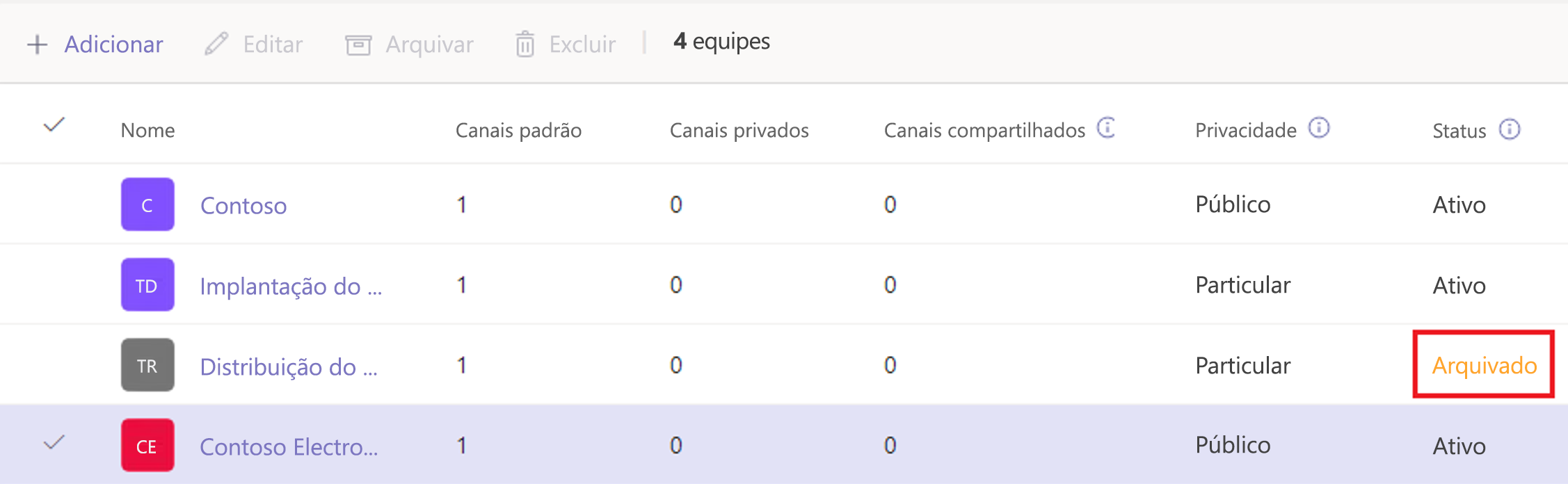  Captura de ecrã de uma equipa arquivada.