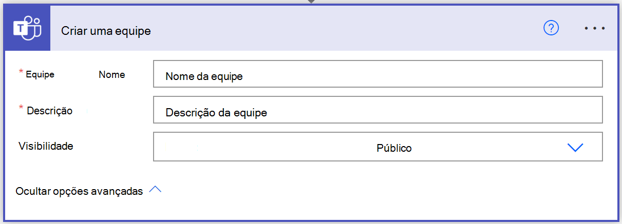 Captura de ecrã a mostrar a criação de uma ação de equipa no Power Automate.