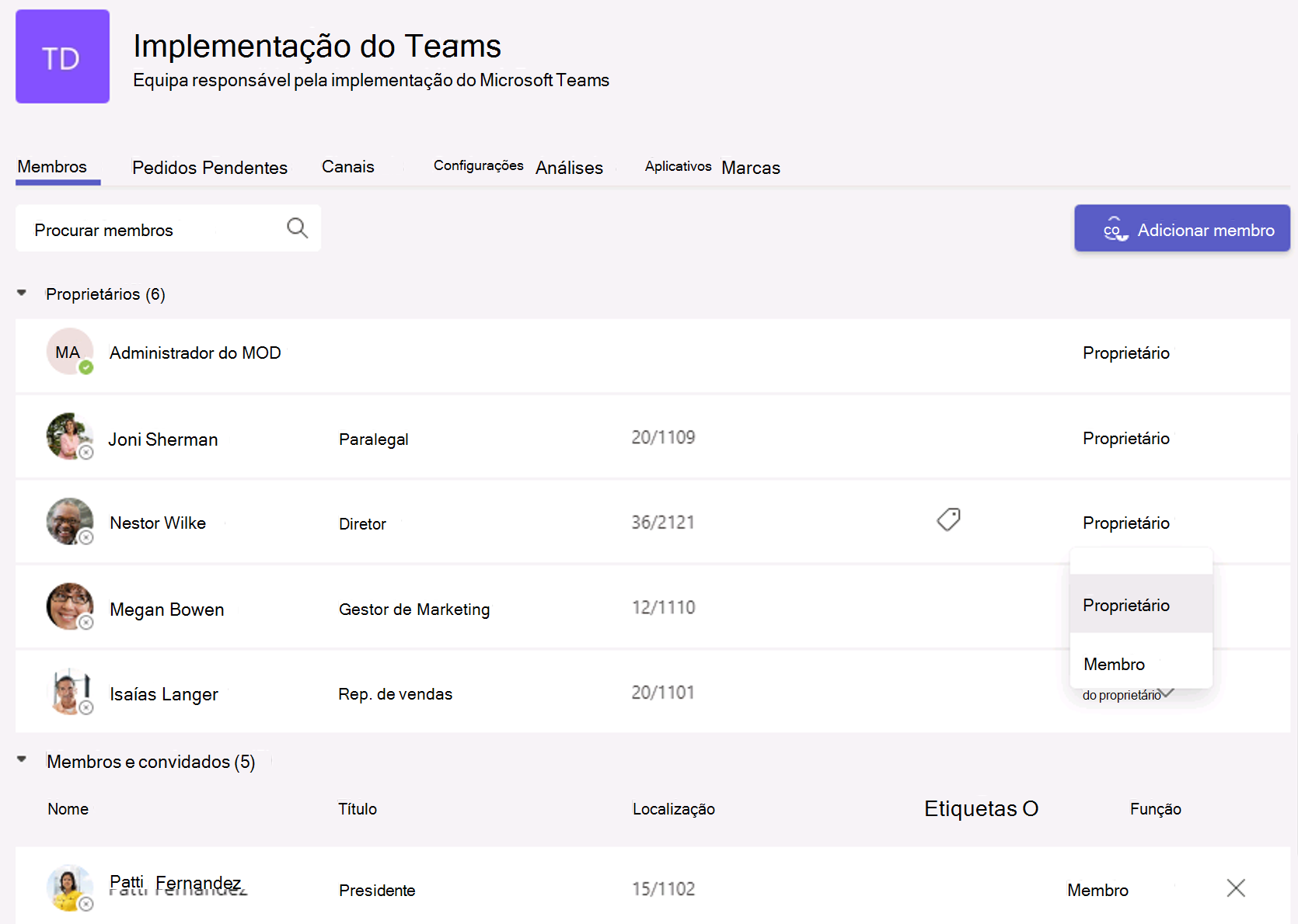  Captura de ecrã a mostrar a gestão de utilizadores no cliente do Teams.