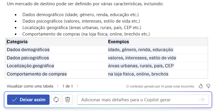 Captura de tela do Copilot no Word mostrando o recurso de texto para tabela.