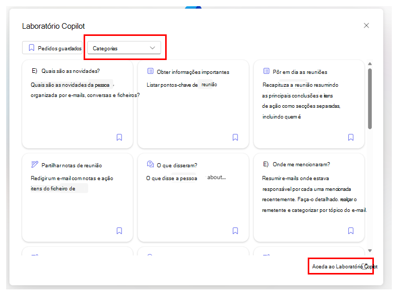 Captura de tela mostrando a janela Copilot Lab com as opções Categoria e Ir para o Copilot Lab realçadas.