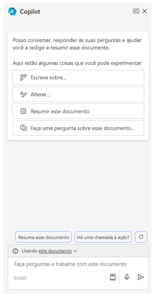 Captura de tela mostrando o painel do Copilot no Microsoft Word.