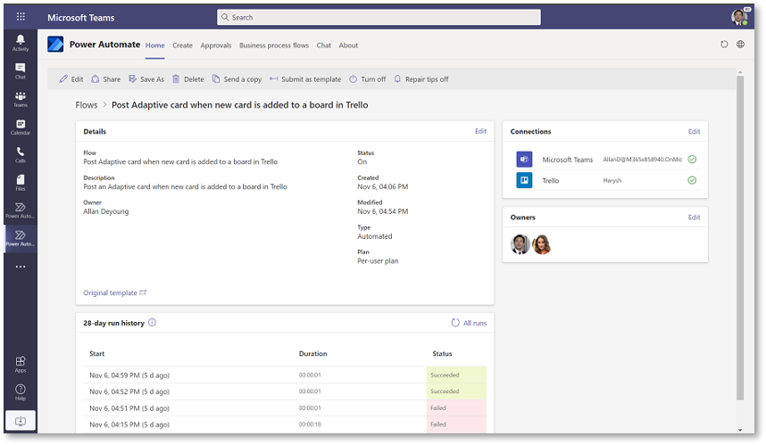 Captura de ecrã a mostrar a utilização do Power Automate no Microsoft Teams.