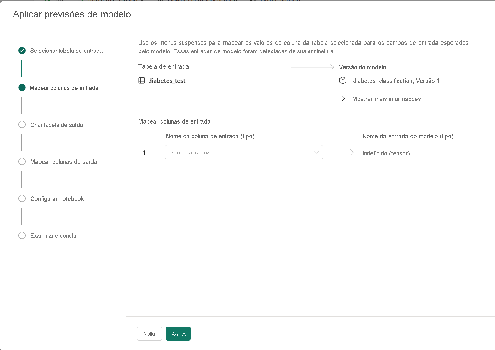 Screenshot of apply model wizard showing one input column.