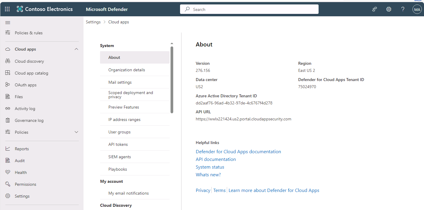 Screenshot of the Microsoft 365 Defender portal showing the Cloud Apps Settings page.