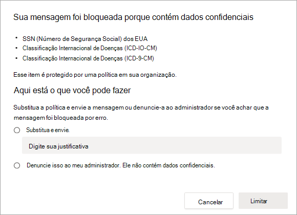 Captura de tela das Opções para resolver a mensagem bloqueada.