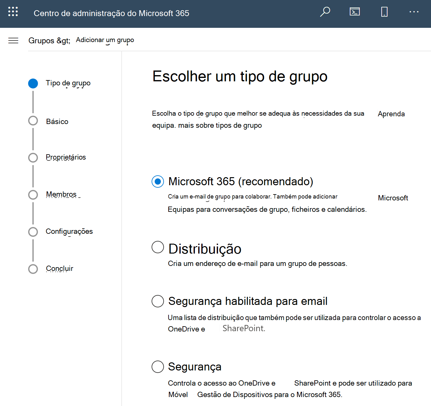 Captura de ecrã a mostrar Criar um grupo do Microsoft 365.