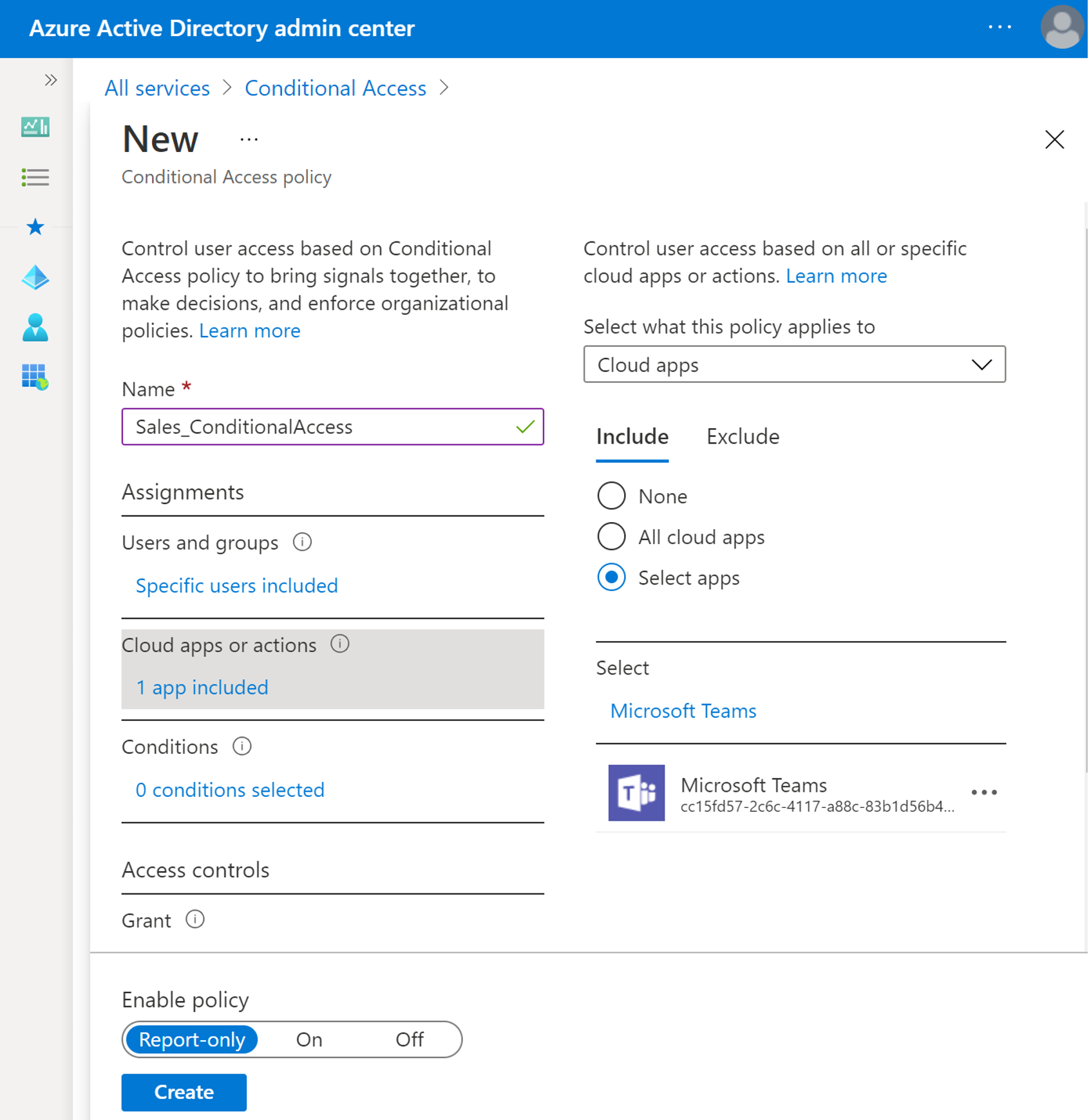 Captura de tela da adição do Teams à Política de Acesso Condicional.